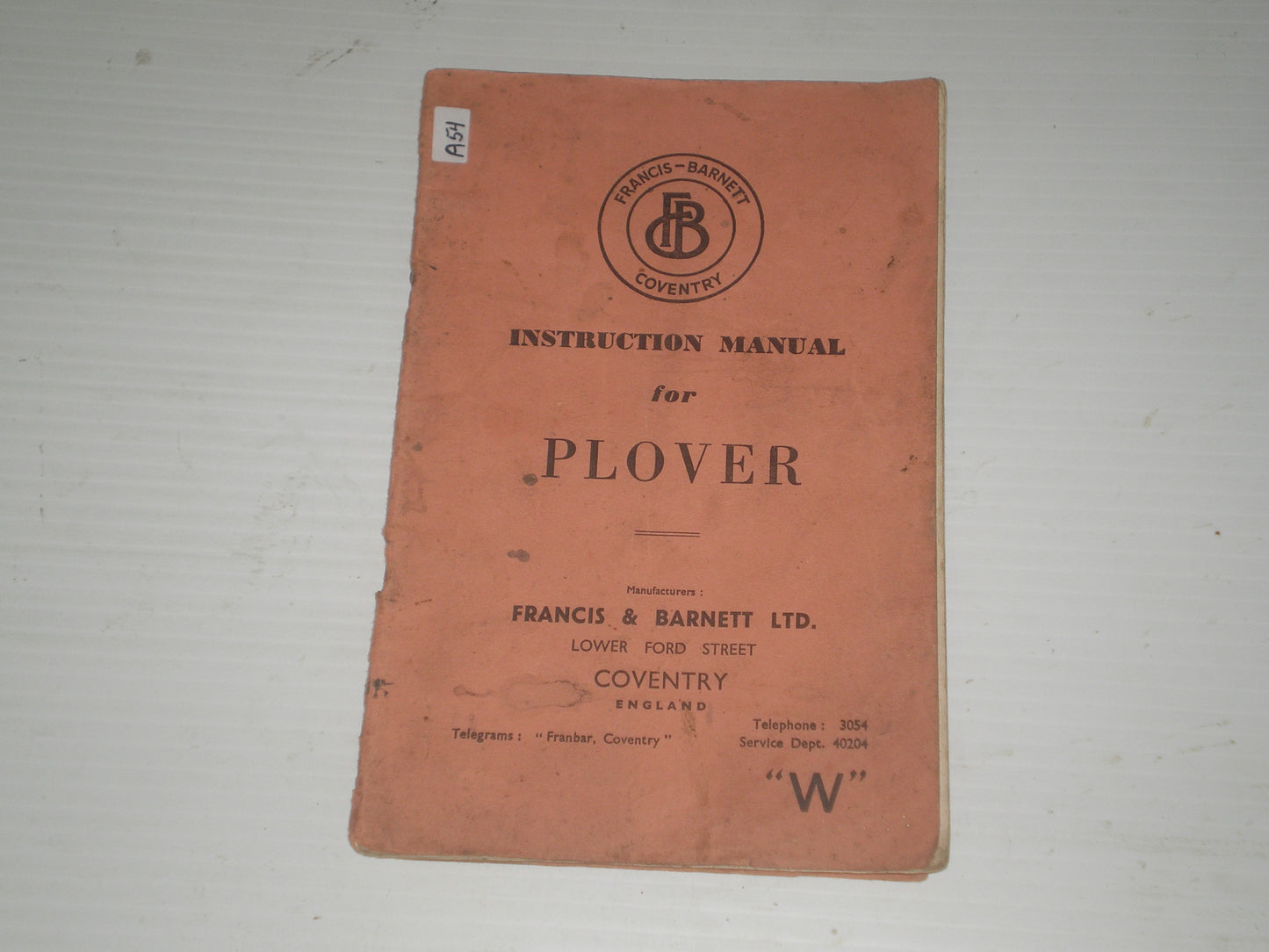 FRANCIS-BARNETT COVENTRY Plover 73  Parts List & Instruction Manual  #A54