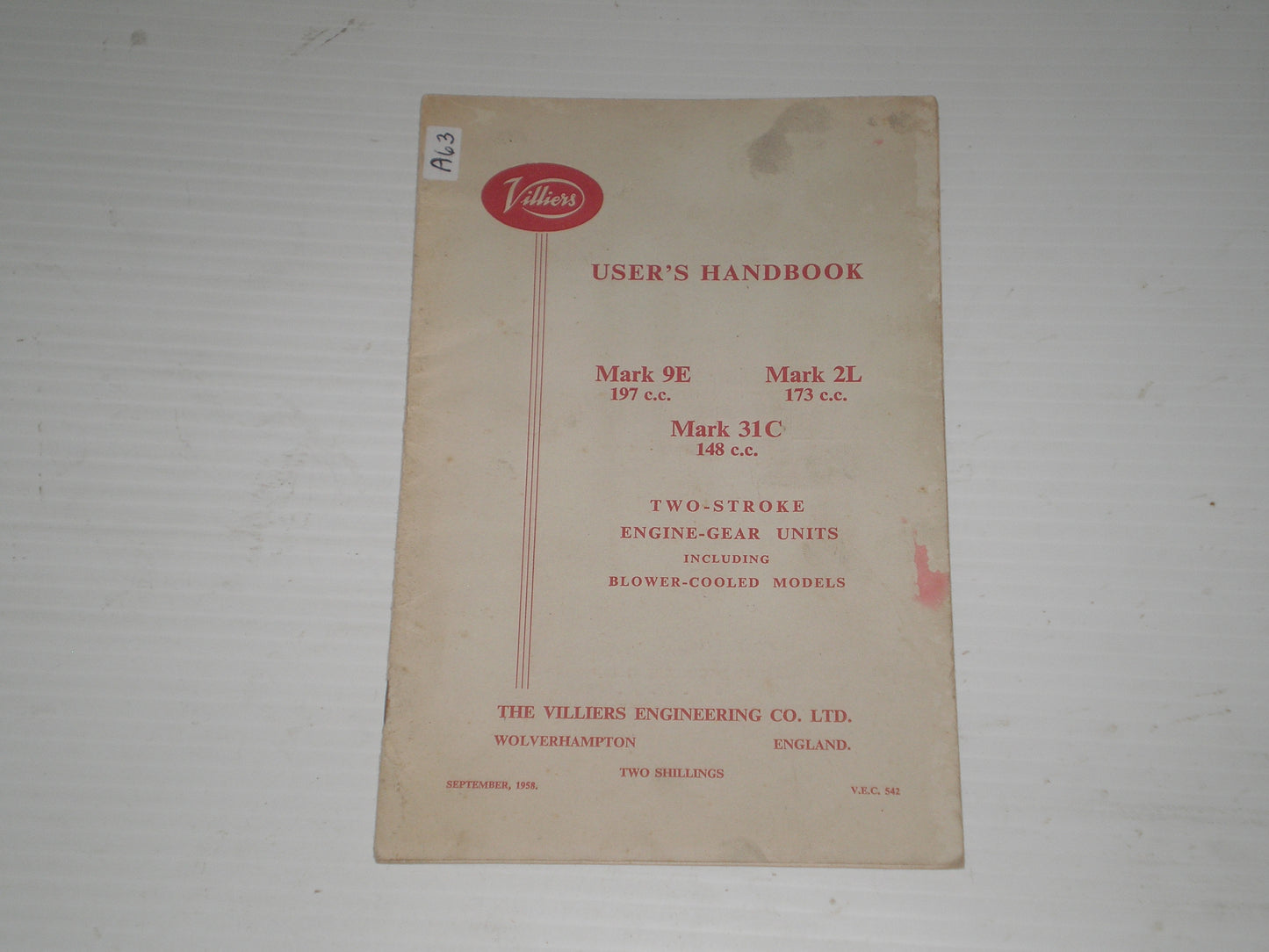 VILLIERS Engines  Mark 9E  2L  31C  1959  User's Handbook  V.E.C. 542  #A63