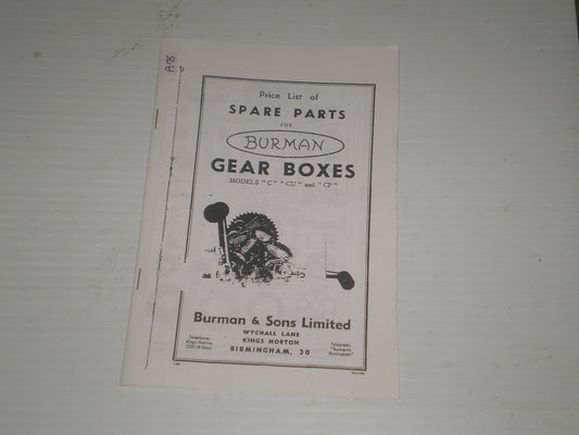 BURMAN Models C / CU / CP Gear Boxes List of Spare Parts #A75