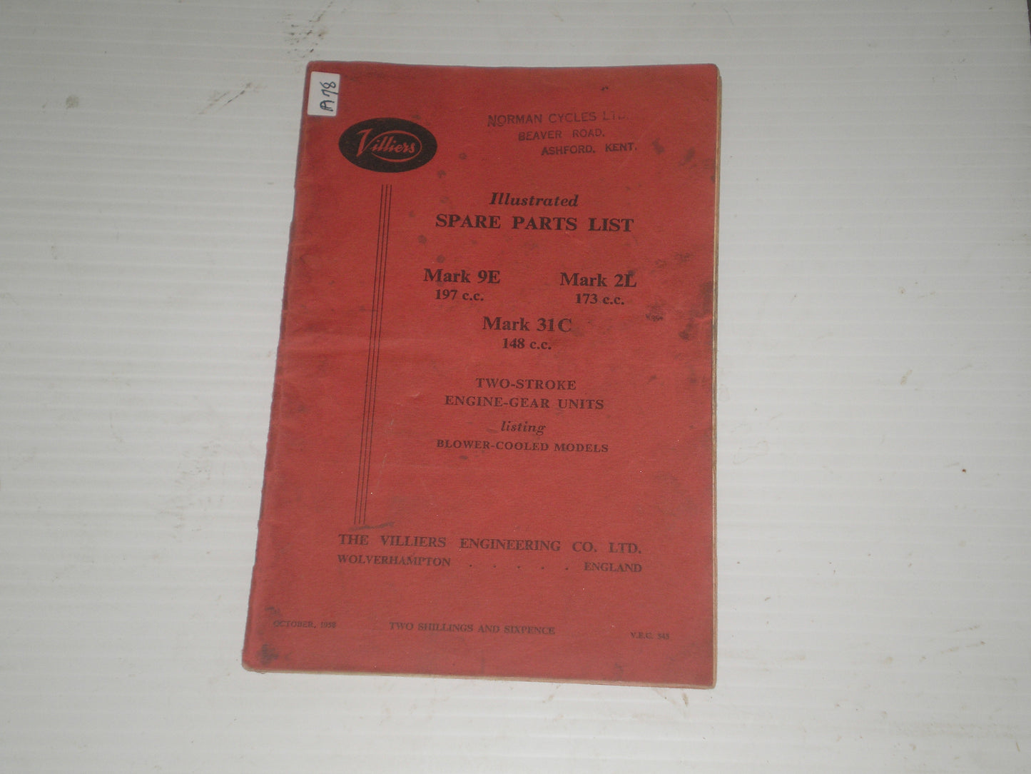 VILLIERS Engines  Mark 9E / 2L / 31C  1958  Illustrated Parts List  V.E.C. 545  #A78