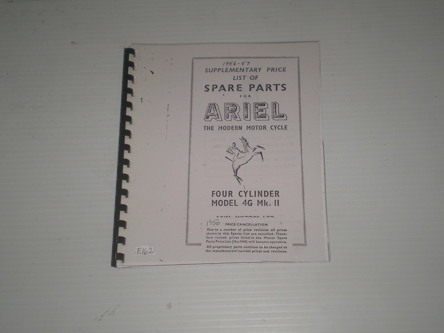 ARIEL Four Cylinder Model 4G Mk.II 1956-1957  Price List for Spare Parts  #E162