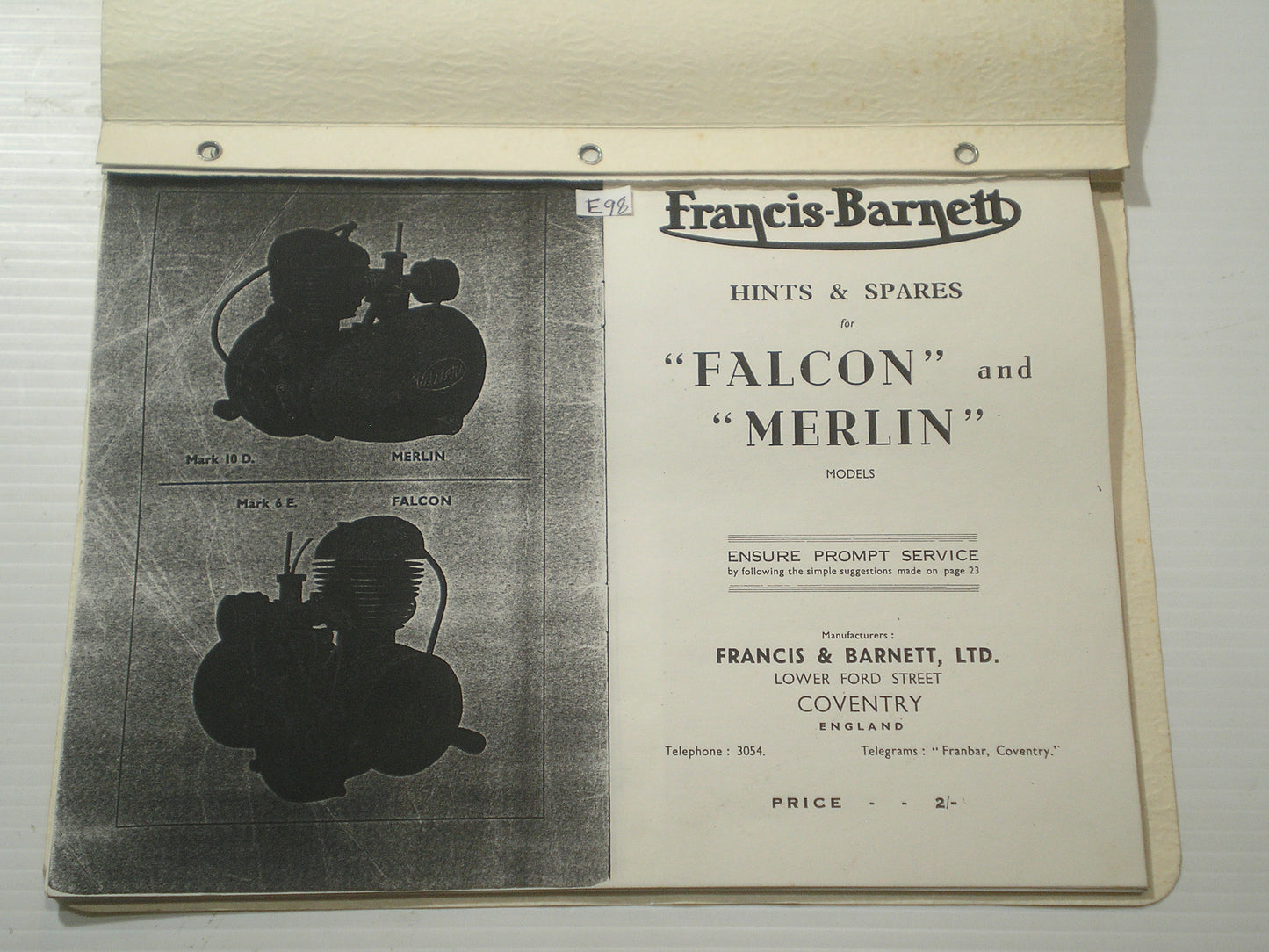 FRANCIS-BARNETT Falcon & Merlin  Hints & Spare Parts List / Catalogue  #E98
