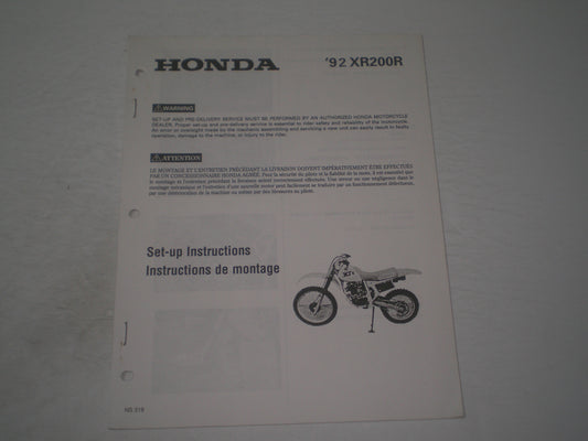 HONDA XR200R 1992  Set-up Instructions & Pre-Delivery Service Manual  NS318  #1900