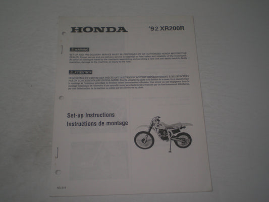 HONDA XR200R 1992 Set-up Instructions & Pre-Delivery Service Manual NS318 #1900