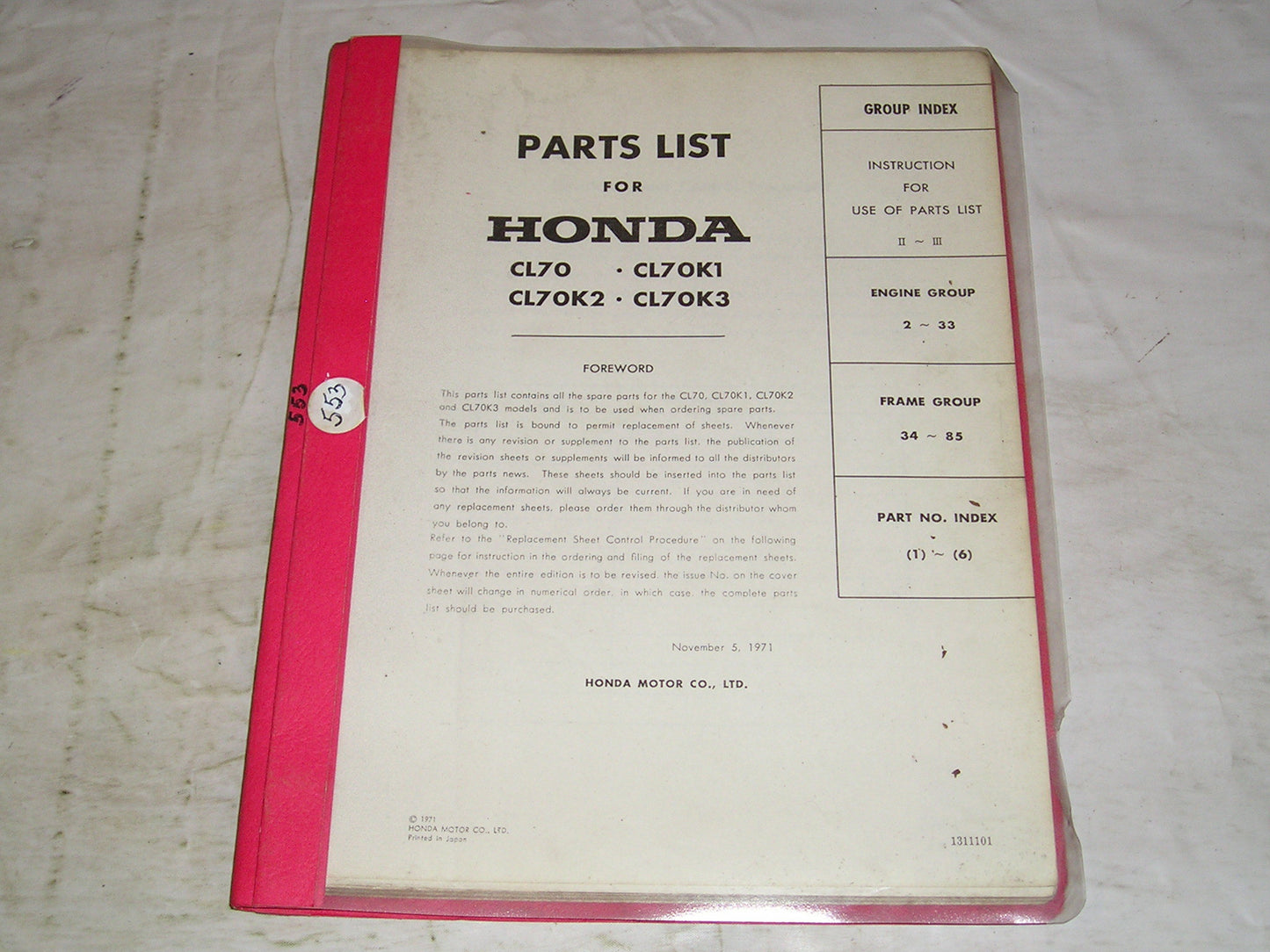 HONDA CL70 K1 K2 K3 1972  Factory Parts List  1311101  #553