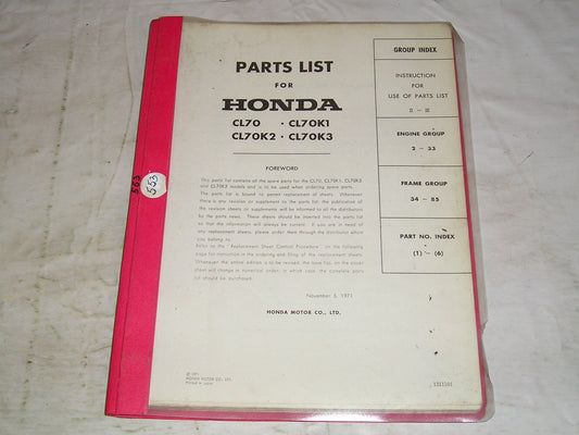 HONDA CL70 K1 K2 K3 1972 Factory Parts List 1311101 #553
