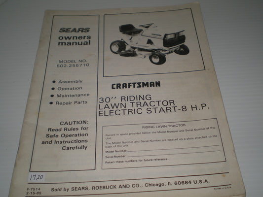 CRAFSTMAN SEARS 30" Riding Lawn Tractor Electric Start 8HP Model 502.255710 Owner's Manual #1667
