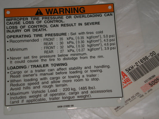 YAMAHA YFM66 YFM660 2002-2005 Caution Label 5KM-21696-00