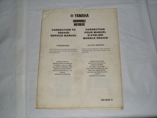 YAMAHA SR540 D 1981  Correction to SR540D Service Manual  8L0-28197-71  #S154